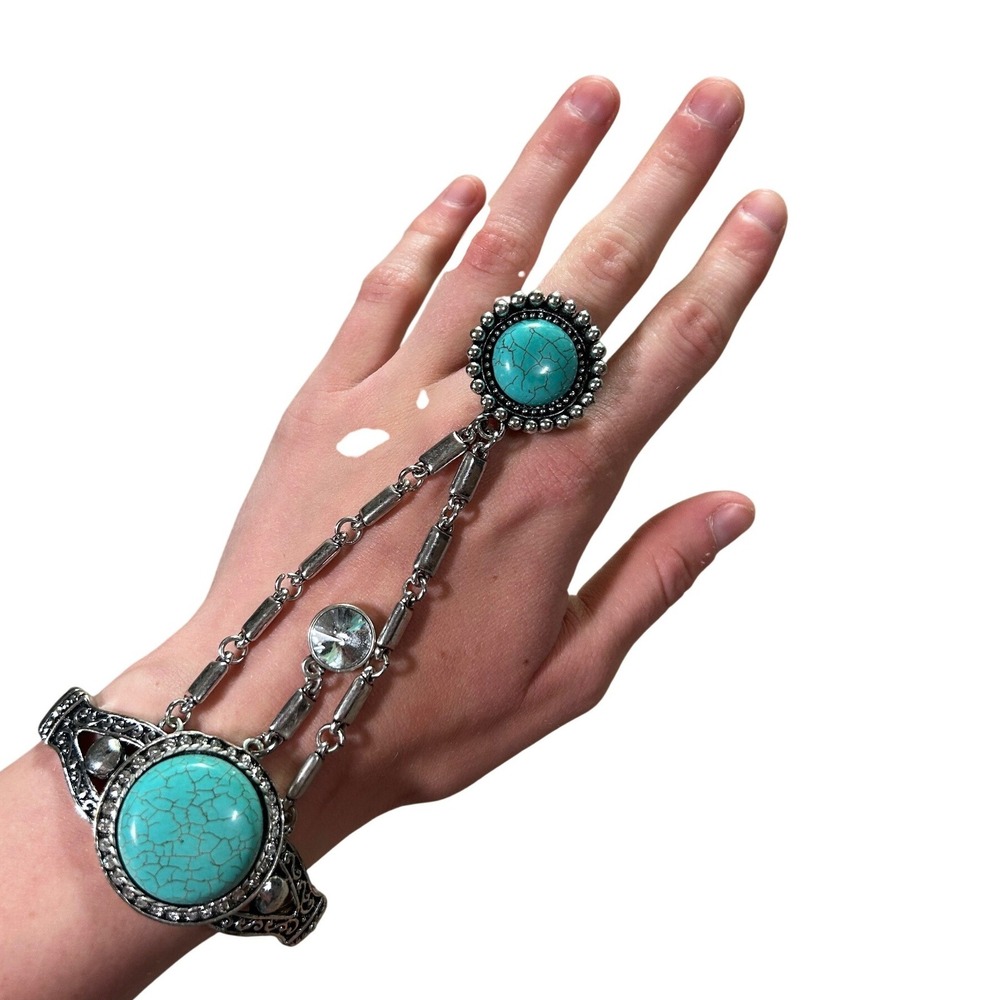 Boho Faux Turquoise‎ Silver Tone Slave Bracelet Hand Chain Ring Western Festival